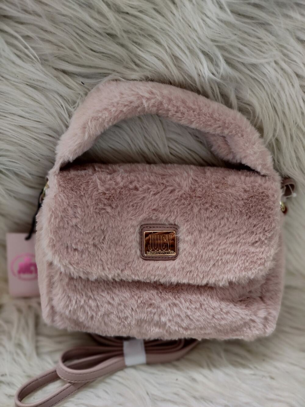 5892) Juicy Couture Pink Fluffy Faux Fur Luxadelic Flap Crossbody Purse